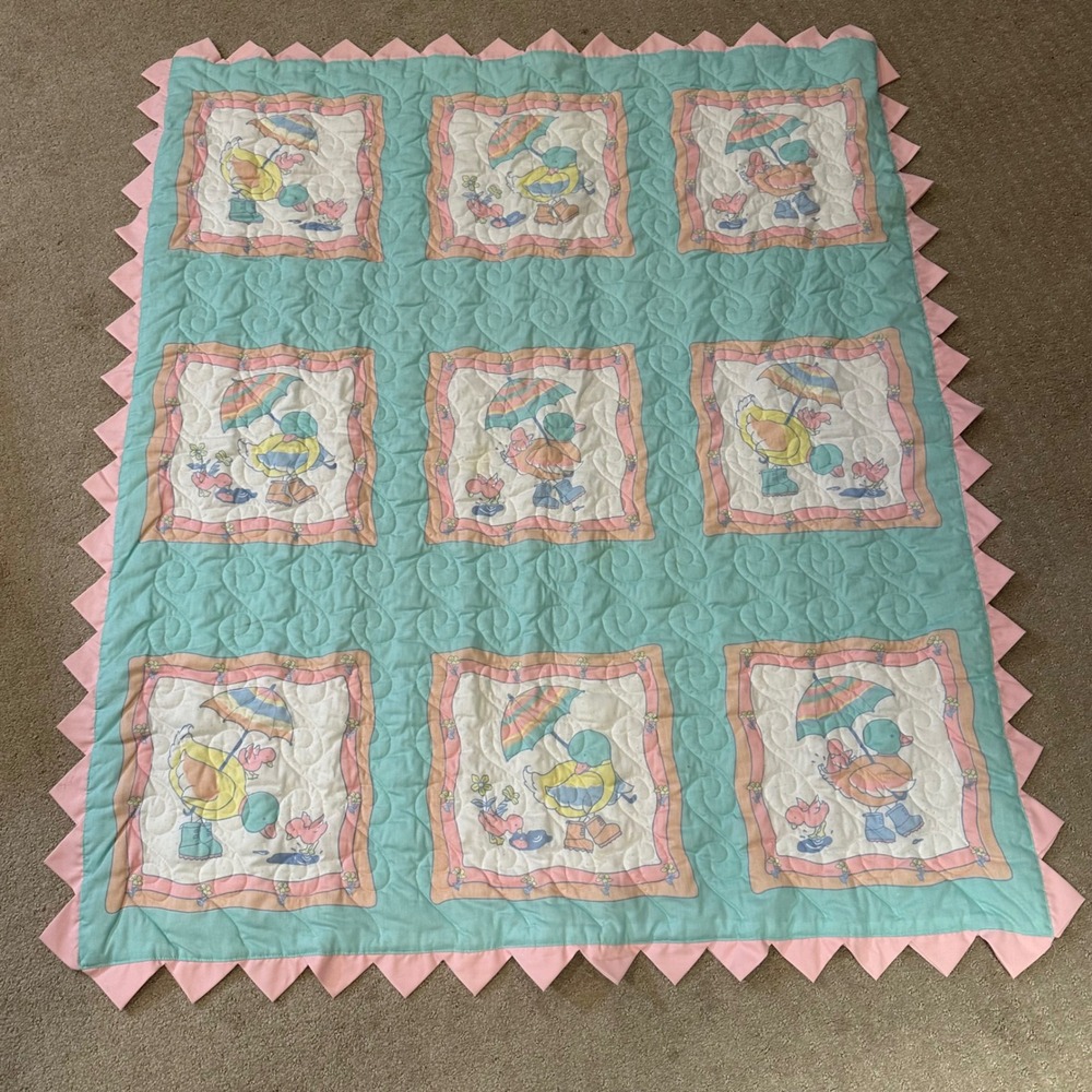 Vintage Pastel Duck Baby Quilt Mint Pink Sawtooth Edge Nursery Blanket 45x52
